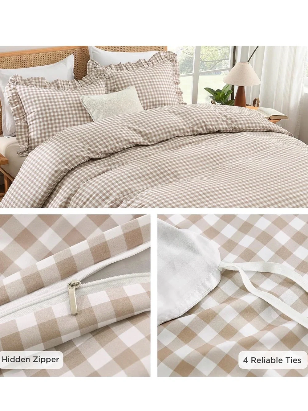 Beige Gingham Ruffle Comforter Set - Classic Home Bedding